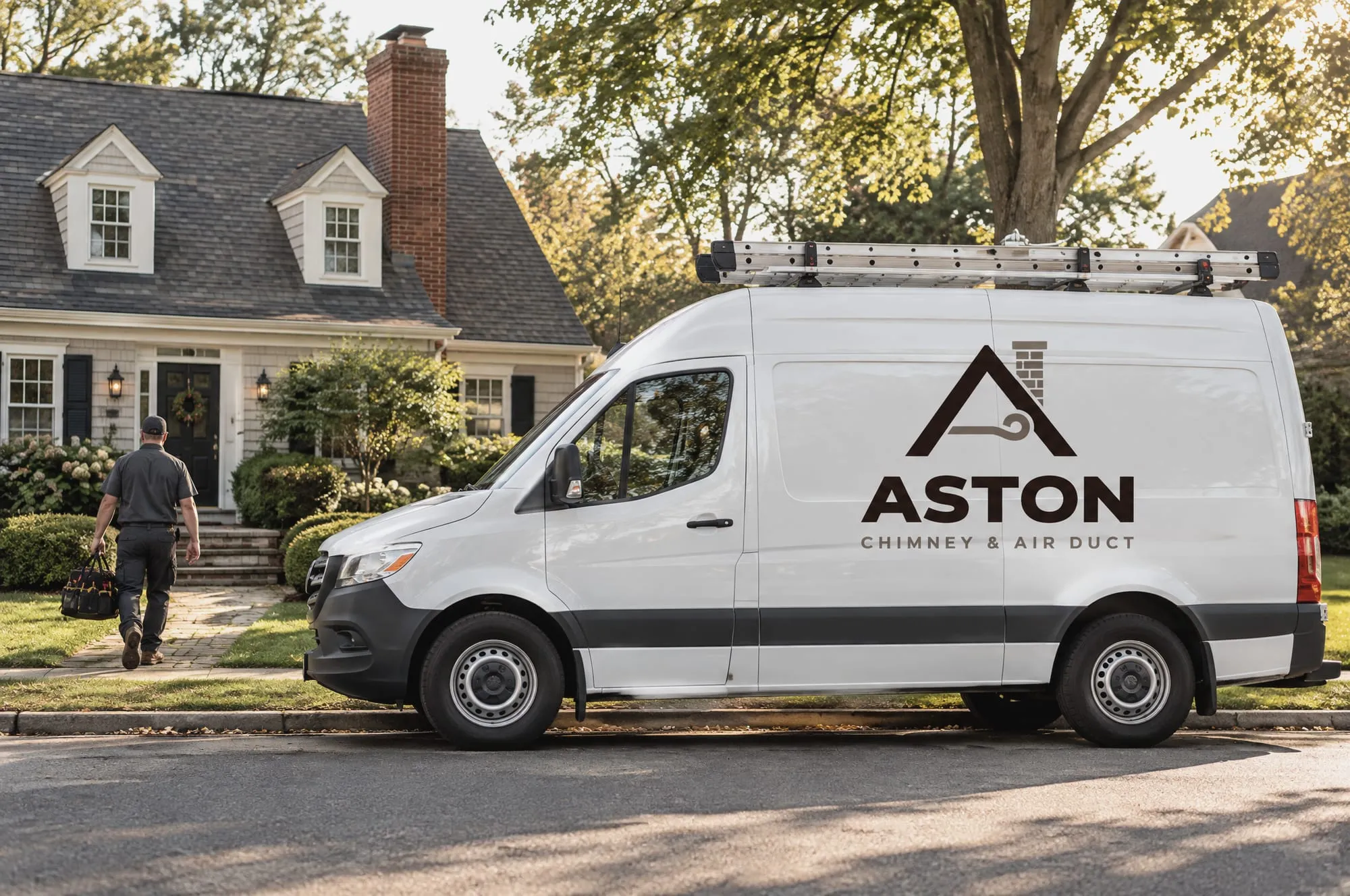 Aston service van parked outside a Long Island home